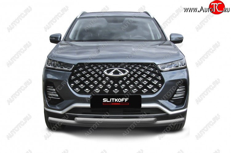 10 949 р. Защита переднего бампера Slitkoff (Ø 57+Ø 42 мм). Chery Tiggo 7 PRO (2019-2024) (Цвет: серебристый)  с доставкой в г. Таганрог