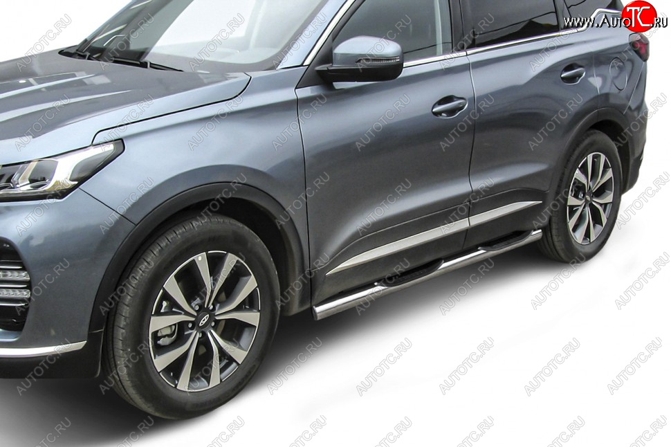 17 899 р. Защита порогов Slitkoff (Ø 76 мм, с проступями)  Chery Tiggo 7 PRO (2019-2025) (Нержавеющая сталь)  с доставкой в г. Таганрог