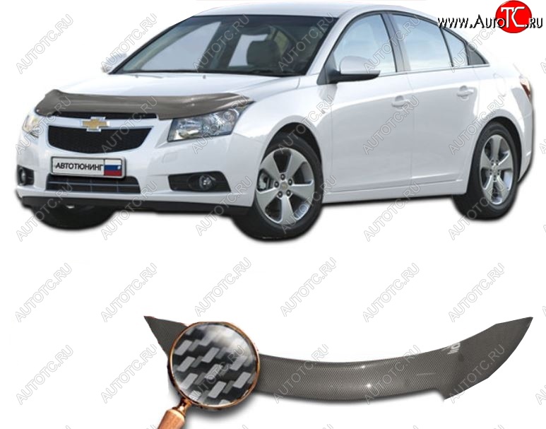 2 559 р. Дефлектор капота CA-Plastiс  Chevrolet Cruze ( J300,  D2LC) (2009-2018) седан дорестайлинг, седан рестайлинг, седан дорестайлинг (Шелкография карбон-серебро)  с доставкой в г. Таганрог