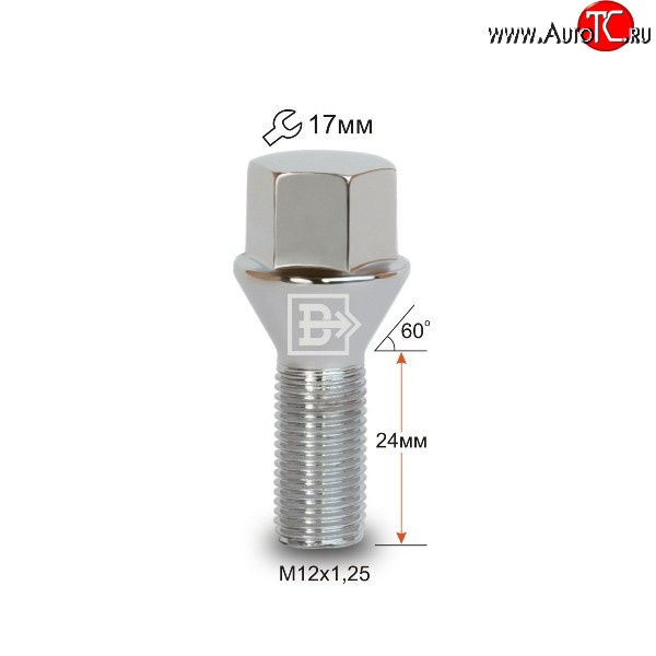 112 р. Колёсный болт длиной 24 мм Вектор M12 1.25 24 под гаечный ключ FAW Besturn X80 дорестайлинг (2014-2019)