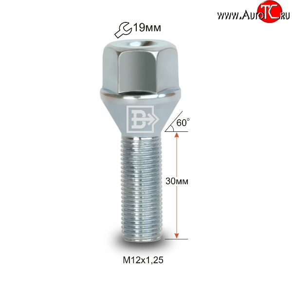 60 р. Колёсный болт длиной 30 мм Вектор M12 1.25 30 под гаечный ключ CITROEN С3 Aircross (2017-2025)