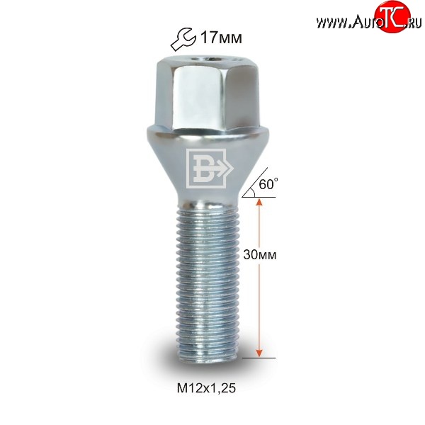 52 р. Колёсный болт длиной 30 мм Вектор M12 1.25 30 под гаечный ключ Dong Feng H30 (2013-2017)