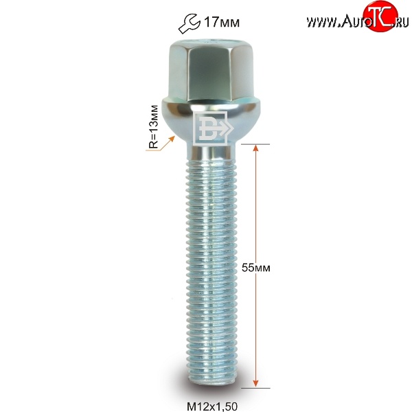 195 р. Колёсный болт длиной 55 мм Вектор M12 1.5 55 под гаечный ключ    с доставкой в г. Таганрог