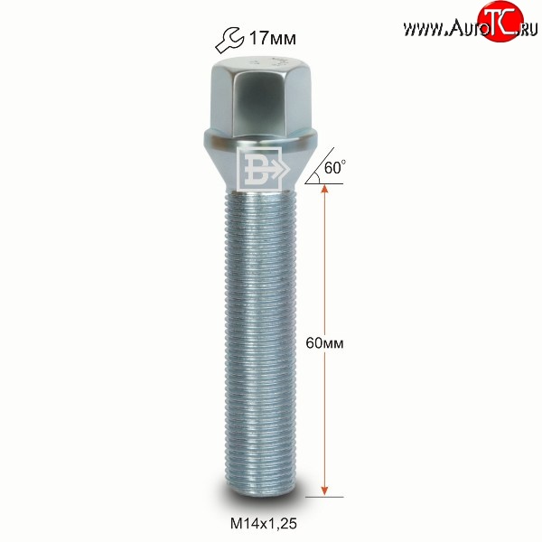 204 р. Колёсный болт длиной 60 мм Вектор M14 1.25 60 под гаечный ключ    с доставкой в г. Таганрог