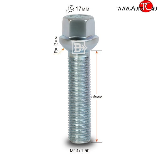 178 р. Колёсный болт длиной 55 мм Вектор M14 1.5 55 под гаечный ключ    с доставкой в г. Таганрог