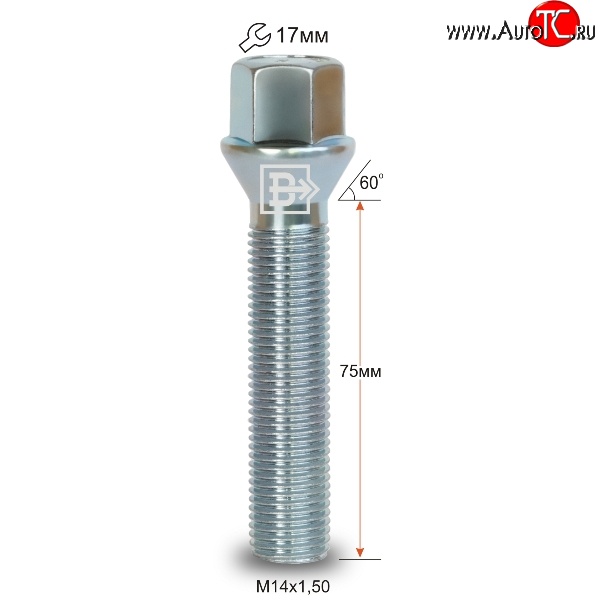 270 р. Колёсный болт длиной 75 мм Вектор M14 1.5 75 под гаечный ключ    с доставкой в г. Таганрог