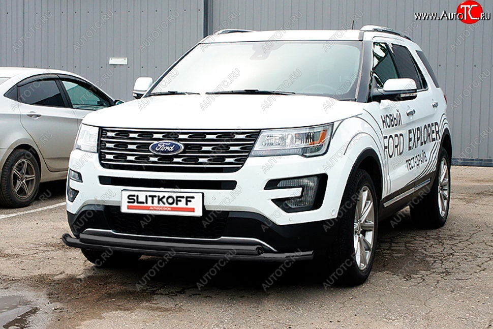 11 849 р. Защита переднего бампера Slitkoff (двойная, d57/57 мм)  Ford Explorer  U502 (2015-2018) 1-ый рестайлинг, 5 дв. (Сталь с полимерным покрытием. Цвет: чёрный)  с доставкой в г. Таганрог