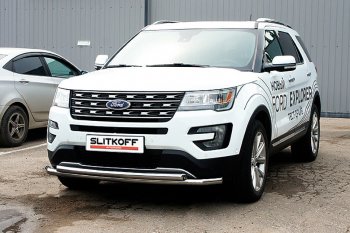 16 899 р. Защита переднего бампера Slitkoff (двойная, d57/57 мм)  Ford Explorer  U502 (2015-2018) 1-ый рестайлинг, 5 дв. (Нержавейка, Полированная)  с доставкой в г. Таганрог. Увеличить фотографию 1