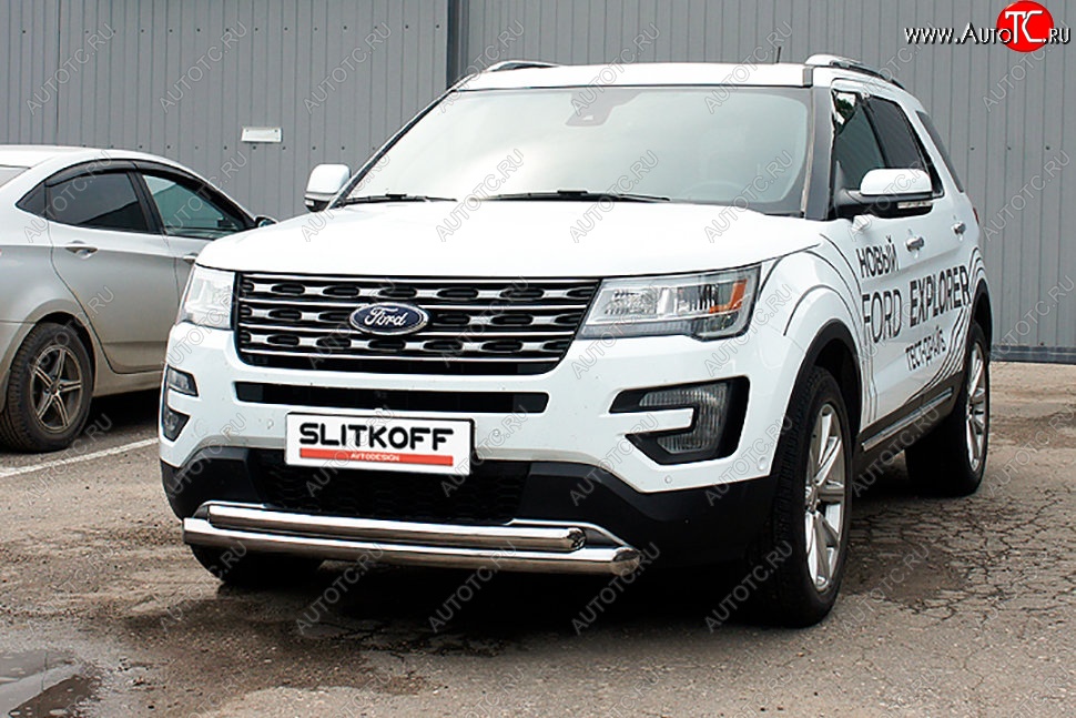 21 549 р. Защита переднего бампера Slitkoff (двойная, d76/57 мм)  Ford Explorer  U502 (2015-2018) 1-ый рестайлинг, 5 дв. (Нержавейка, Полированная)  с доставкой в г. Таганрог