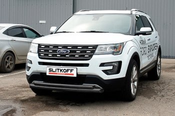 13 599 р. Защита переднего бампера Slitkoff (двойная, d76/57 мм)  Ford Explorer  U502 (2015-2018) 1-ый рестайлинг, 5 дв. (Сталь с полимерным покрытием. Цвет: чёрный)  с доставкой в г. Таганрог. Увеличить фотографию 1