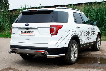 12 699 р. Защита заднего бампера Slitkoff (d76 мм, уголки)  Ford Explorer  U502 (2015-2018) 1-ый рестайлинг, 5 дв. (Нержавейка, Полированная)  с доставкой в г. Таганрог. Увеличить фотографию 1