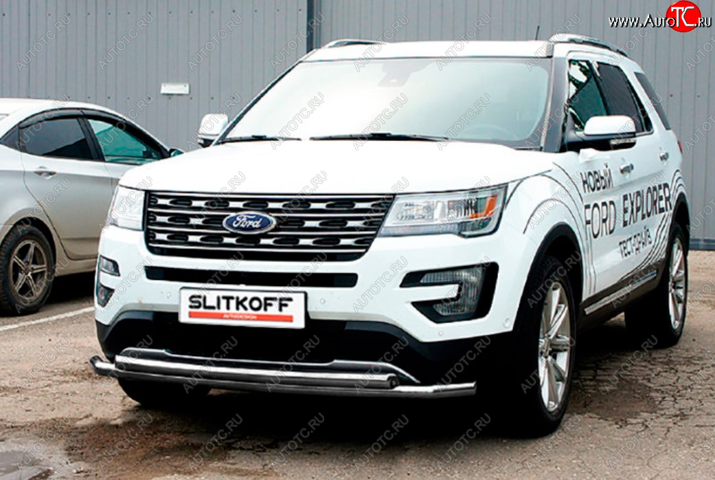 11 849 р. Защита переднего бампера Slitkoff (двойная, Ø57/57 мм)  Ford Explorer  U502 (2015-2018) 1-ый рестайлинг, 5 дв. (Цвет: серебристый)  с доставкой в г. Таганрог