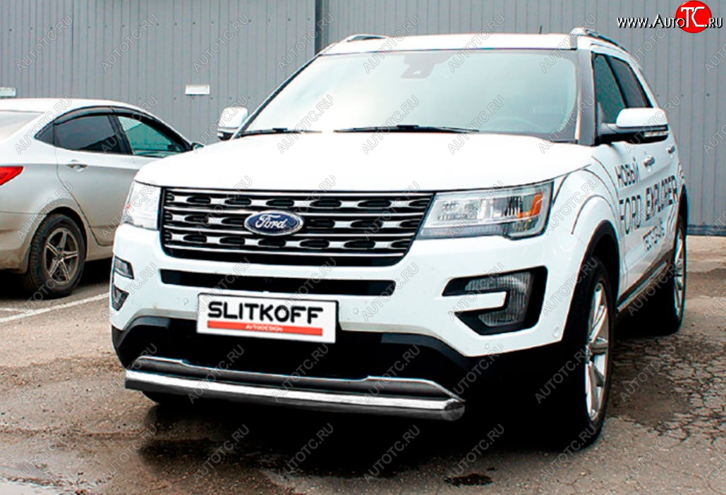 12 999 р. Защита переднего бампера Slitkoff (Ø 76 мм).  Ford Explorer  U502 (2015-2018) 1-ый рестайлинг, 5 дв. (Цвет: серебристый)  с доставкой в г. Таганрог