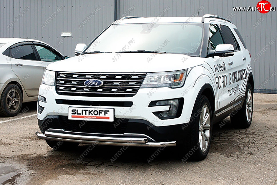 18 749 р. Защита переднего бампера Slitkoff (двойная, d57/57 мм)  Ford Explorer  U502 (2017-2019) 2-ой рестайлинг, 5 дв. (Нержавейка, Полированная)  с доставкой в г. Таганрог