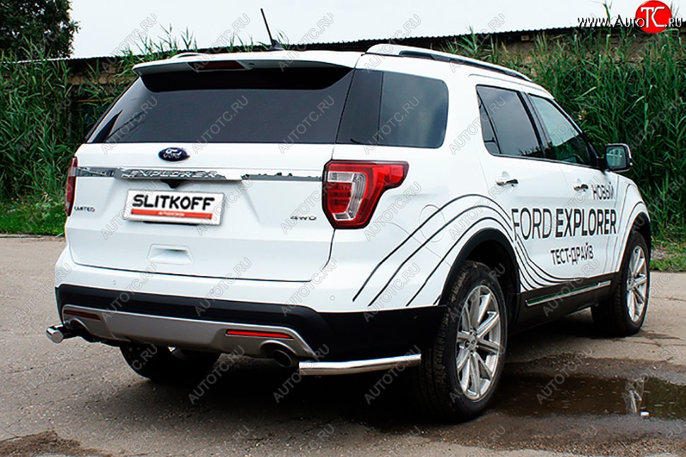 10 999 р. Защита заднего бампера Slitkoff (d57 мм, уголки)  Ford Explorer  U502 (2017-2019) 2-ой рестайлинг, 5 дв. (Нержавейка, Полированная)  с доставкой в г. Таганрог