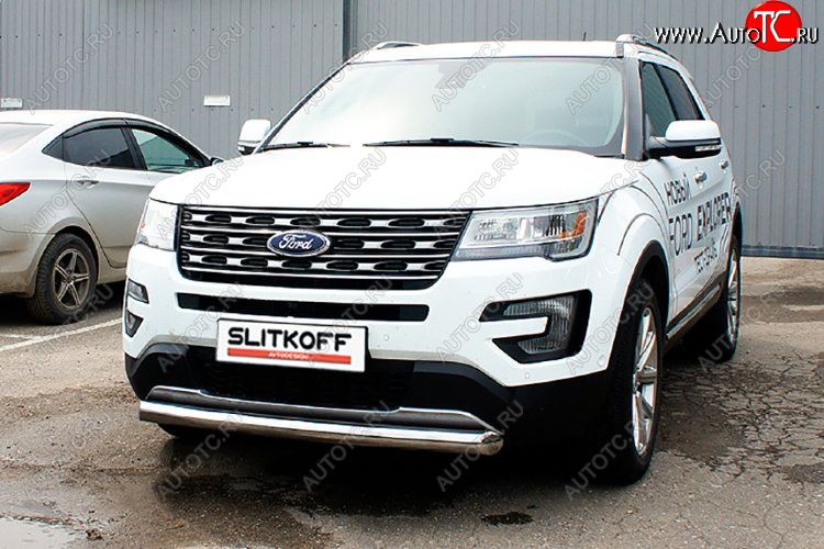 12 999 р. Защита переднего бампера Slitkoff (Ø 76 мм) Ford Explorer U502 2-ой рестайлинг, 5 дв. (2017-2019) (Цвет: серебристый)  с доставкой в г. Таганрог