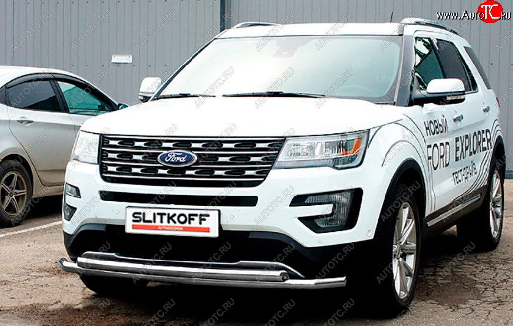 11 849 р. Защита переднего бампера Slitkoff (Ø 57+Ø 57, двойная).  Ford Explorer  U502 (2017-2019) 2-ой рестайлинг, 5 дв. (Сталь с полимерным покрытием. Цвет: серебристый)  с доставкой в г. Таганрог