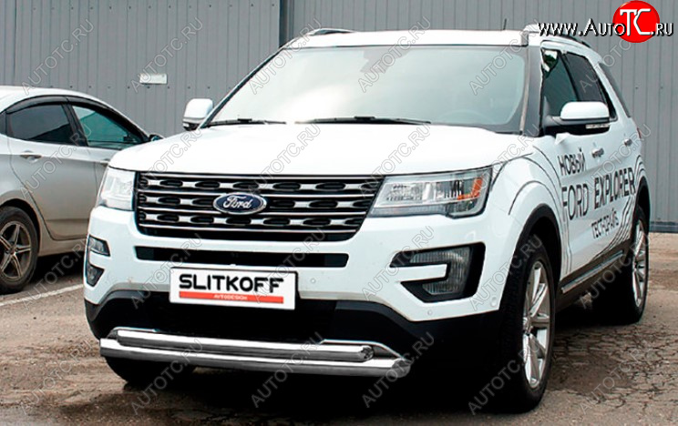 13 599 р. Защита переднего бампера Slitkoff (Ø 76+Ø 57, двойная).  Ford Explorer  U502 (2017-2019) 2-ой рестайлинг, 5 дв. (Сталь с полимерным покрытием. Цвет: серебристый)  с доставкой в г. Таганрог