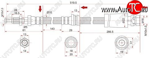 879 р. Тормозной шланг SAT (левый/правый)  Ford Fiesta  5 (2001-2008), Ford Fusion  1 (2002-2012), Mazda 2/Demio  DY (2002-2007), Mazda Verisa  DC (2004-2015)  с доставкой в г. Таганрог