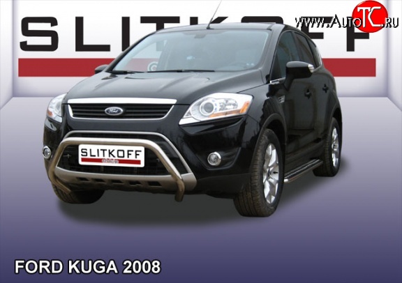 24 999 р. Усиленная низкая защита переднего бампера Slitkoff Ford Kuga 1 (2008-2013) (Нержавейка, Полированная)  с доставкой в г. Таганрог