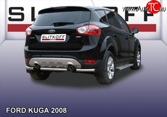 6 499 р. Защита заднего бампера из короткой трубы диаметром 57 мм Slitkoff Ford Kuga 1 (2008-2013) (Нержавейка, Полированная)  с доставкой в г. Таганрог