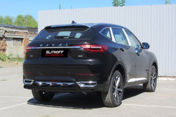 9 699 р. Защита заднего бампера (d57+d42) Slitkoff Haval F7x дорестайлинг (2019-2022) (Цвет: черный)  с доставкой в г. Таганрог. Увеличить фотографию 1