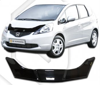 2 199 р. Дефлектор капота CA-Plastic  Honda Fit  GE (2007-2010) дорестайлинг (Classic черный, Без надписи)  с доставкой в г. Таганрог. Увеличить фотографию 1