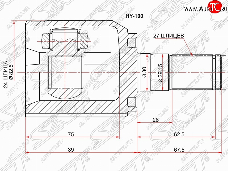 3 399 р. Шрус (внутренний) SAT (24*27*30 мм)  Hyundai IX35  LM (2009-2018), Hyundai Tucson  LM (2010-2017), KIA Sportage  3 SL (2010-2016)  с доставкой в г. Таганрог