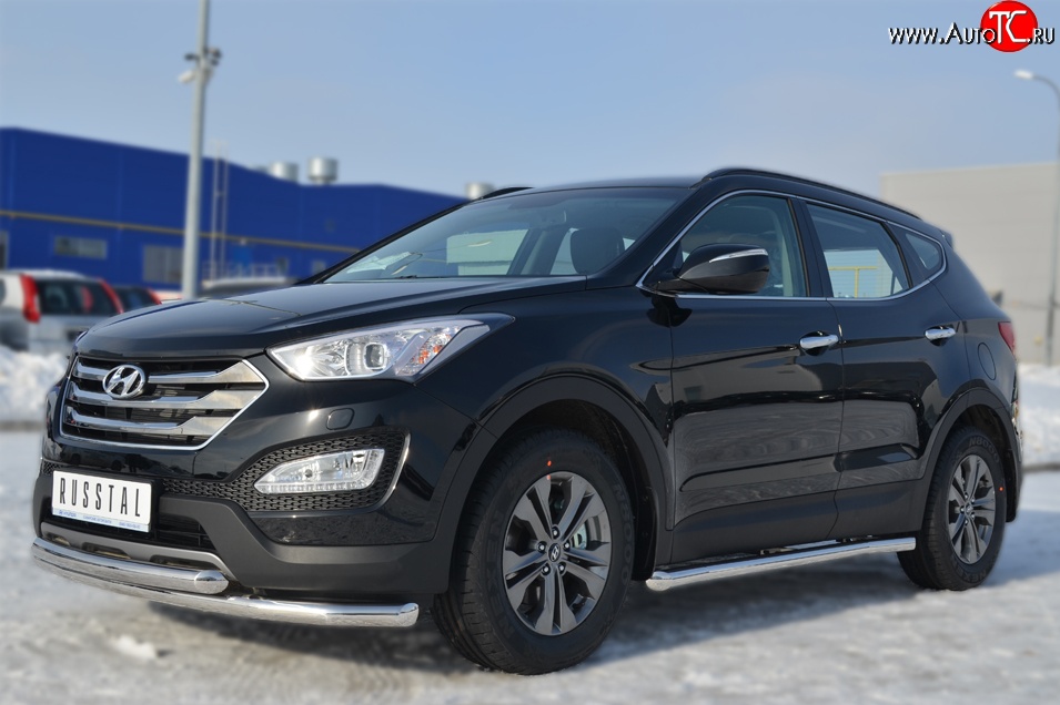 14 849 р. Защита порогов из круглой трубы диаметром 63 мм Russtal Hyundai Santa Fe DM дорестайлинг (2012-2016) (Защита порогов с со скосами на торцах (вариант 1))  с доставкой в г. Таганрог