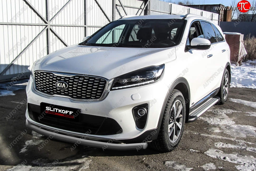 9 999 р. Защита переднего бампера Slitkoff (двойная, d57/42)  KIA Sorento  UM/Prime (2018-2020) рестайлинг (Сталь с полимерным покрытием. Цвет: серебристый)  с доставкой в г. Таганрог