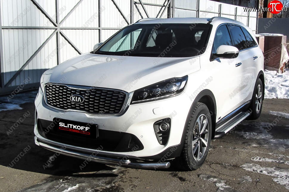 13 749 р. Защита переднего бампера Slitkoff (двойная, d57/42)  KIA Sorento  UM/Prime (2018-2020) рестайлинг (Нержавейка, Полированная)  с доставкой в г. Таганрог