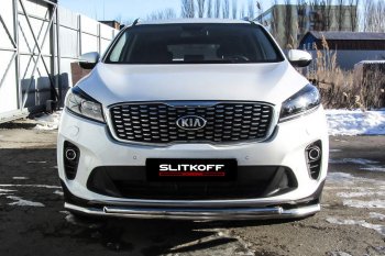 13 749 р. Защита переднего бампера Slitkoff (двойная, d57/42)  KIA Sorento  UM/Prime (2018-2020) рестайлинг (Нержавейка, Полированная)  с доставкой в г. Таганрог. Увеличить фотографию 2