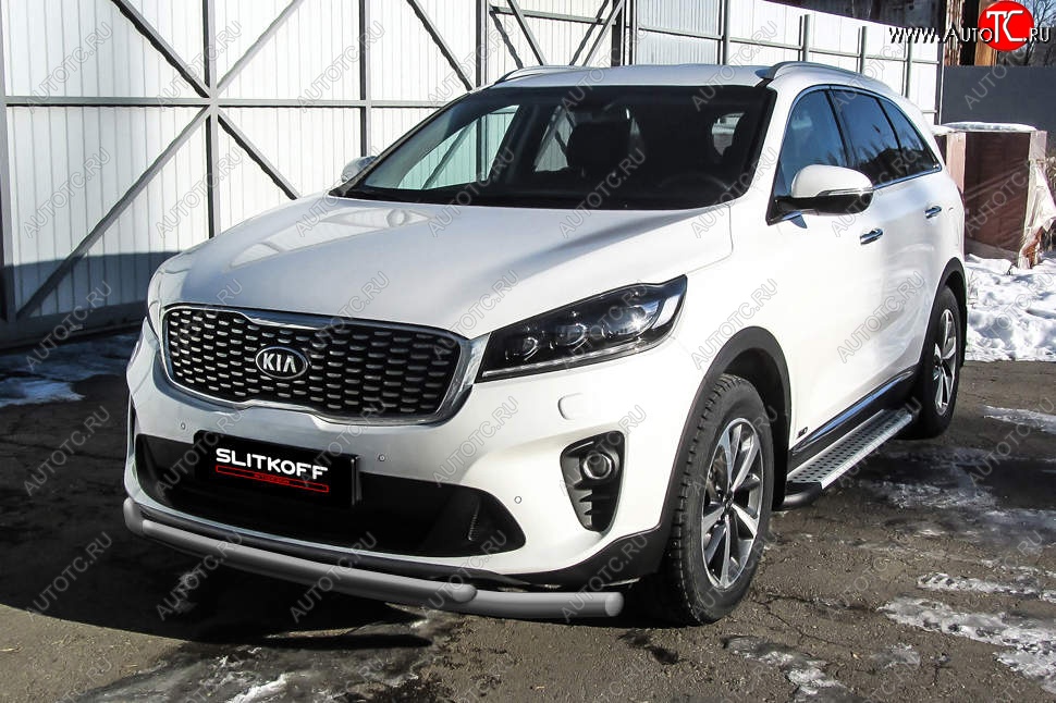 10 499 р. Защита переднего бампера Slitkoff (двойная, d57/42)  KIA Sorento  UM/Prime (2018-2020) рестайлинг (Сталь с полимерным покрытием. Цвет: серебристый)  с доставкой в г. Таганрог