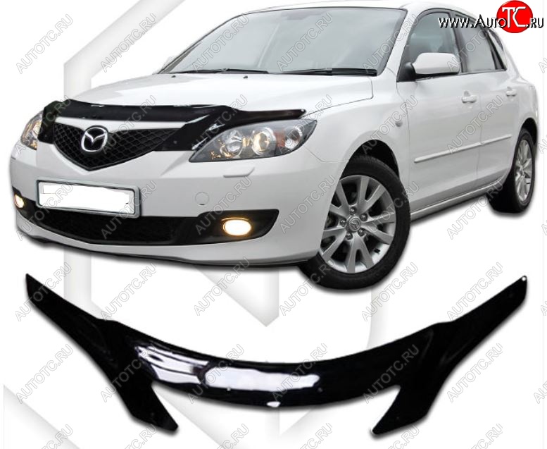 2 599 р. Дефлектор капота CA-Plastiс  Mazda 3/Axela  BK (2003-2009) дорестайлинг, хэтчбэк, рестайлинг, хэтчбэк (Classic черный, Без надписи)  с доставкой в г. Таганрог