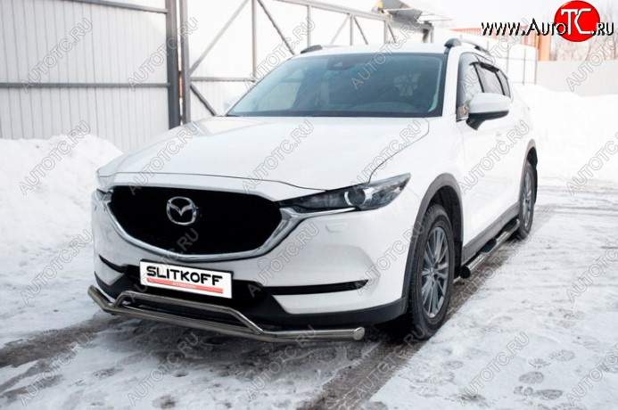 11 799 р. Защита переднего бампера Slitkoff (Ø 57+Ø 32, двойная). Mazda CX-5 KF (2016-2024) (Сталь с полимерным покрытием. Цвет: серебристый)  с доставкой в г. Таганрог