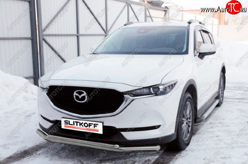 11 899 р. Защита переднего бампера Slitkoff (Ø 57+Ø 42, двойная). Mazda CX-5 KF (2016-2024) (Сталь с полимерным покрытием. Цвет: серебристый)  с доставкой в г. Таганрог