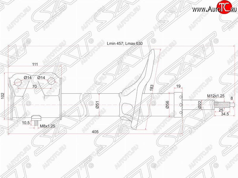 3 999 р. Амортизатор передний (2WD, 4WD) SAT (L 175, установка на левую или правую сторону) Mitsubishi Outlander CU (2003-2009)  с доставкой в г. Таганрог