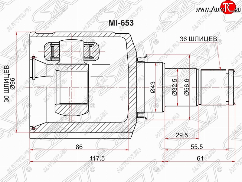 5 599 р. Шрус (внутренний/правый) SAT (30*36*43 мм) Mitsubishi ASX 1-ый рестайлинг (2013-2016)  с доставкой в г. Таганрог