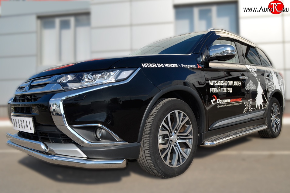 22 949 р. Защита переднего бампера (2 трубыØ75х42 и 63 мм, нержавейка) Russtal Mitsubishi Outlander GF 2-ой рестайлинг (2015-2018)  с доставкой в г. Таганрог