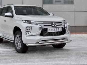 Защита переднего бампера (2 трубы Ø76 и 42 мм, нержавейка) SLITKOFF Mitsubishi (Митсубиси) Pajero Sport (Паджеро)  QF (2019-2022) QF рестайлинг