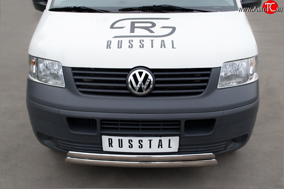 22 299 р. Защита переднего бампера (2 трубыØ75х42 мм, нержавейка) Russtal Volkswagen Transporter T5 дорестайлинг (2003-2009)  с доставкой в г. Таганрог