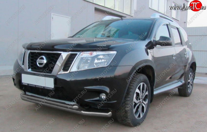 7 849 р. Защита переднего бампера Slitkoff (Ø 57+Ø 42, двойная).  Nissan Terrano  D10 (2013-2016) дорестайлинг (Сталь с полимерным покрытием. Цвет: серебристый)  с доставкой в г. Таганрог