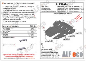 Защита картера и КПП (V-1.6) ALFECO Renault (Рено) Sandero Stepway (Сандеро-Степвэй) ( (BS),  (B8)) (2010-2022) (BS), (B8) дорестайлинг, рестайлинг