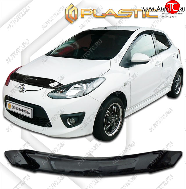 1 799 р. Дефлектор капота CA-Plastic  Mazda 2/Demio  DE (2007-2014) дорестайлинг, рестайлинг (classic черный, без надписи)  с доставкой в г. Таганрог