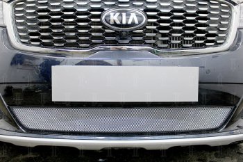 3 199 р. Защитная сетка в бампер (низ, ячейка 3х7 мм) Alfeco Стандарт  KIA Sorento  UM/Prime (2018-2020) рестайлинг (Хром)  с доставкой в г. Таганрог. Увеличить фотографию 2