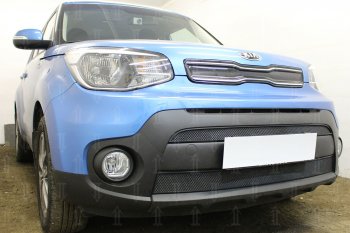 4 649 р. Защитная сетка в бампер (2 части, ячейка 3х7 мм) Alfeco Стандарт  KIA Soul  PS (2017-2019) рестайлинг (Чёрная)  с доставкой в г. Таганрог. Увеличить фотографию 2