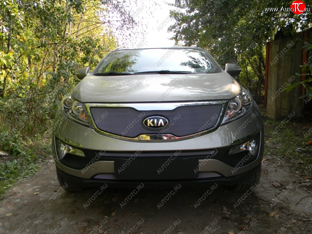 4 299 р. Защитная сетка в бампер (верх, ячейка 3х7 мм) Alfeco Стандарт  KIA Sportage  3 SL (2010-2014) дорестайлинг (Хром)  с доставкой в г. Таганрог