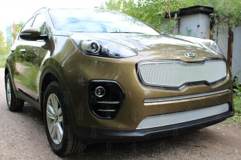 3 199 р. Защитная сетка в бампер (низ, ячейка 3х7 мм) Alfeco Стандарт  KIA Sportage  4 QL (2016-2018) дорестайлинг (Хром)  с доставкой в г. Таганрог. Увеличить фотографию 3