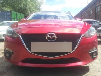 Защитная сетка в бампер (низ, ячейка 3х7 мм) Alfeco Стандарт Mazda 3/Axela BM дорестайлинг, хэтчбэк (2013-2016)  (Чёрная)