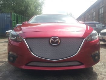 Защитная сетка в бампер (низ, ячейка 3х7 мм) Alfeco Стандарт Mazda 3/Axela BM дорестайлинг, хэтчбэк (2013-2016)  (Хром)